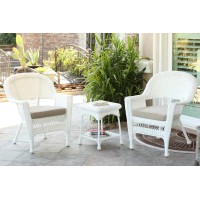 Jeco 3 Piece Wicker End Table Set With With Tan Chair Cushion, White
