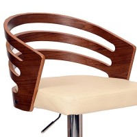 Armen Living Adele Adjustable Height Swivel Cream Faux Leather And Walnut Wood Bar Stool With Chrome Base