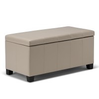 Simplihome Dover 36 Inch Wide Contemporary Rectangle Storage Ottoman Bench In Satin Cream Vegan Faux Leather, For The Living Room, Entryway And Family Room