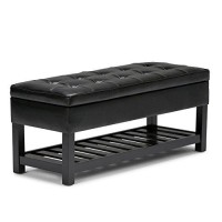 Simplihome Cosmopolitan 44 Inch Wide Transitional Rectangle Storage Ottoman Bench With Open Bottom In Midnight Black Vegan Faux Leather, For The Living Room And Bedroom