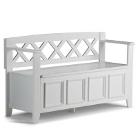 Simplihome Amherst Solid Wood 48 Inch Wide Entryway Storage Bench With Safety Hinge, Multifunctional Transitional In White