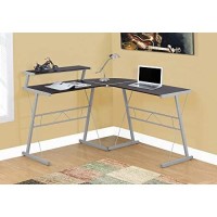 Monarch Specialties L-Shaped Corner Desk With Shelf For Home & Office, 48 L, Cappuccino-Silver Metal Legs,