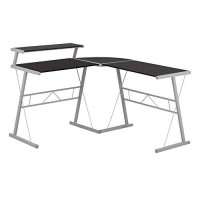 Monarch Specialties L-Shaped Corner Desk With Shelf For Home & Office, 48 L, Cappuccino-Silver Metal Legs,