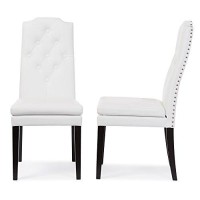 Baxton Studio Dylin Dining Chair And Dining Chair White Faux Leather Button-Tufted Nail Heads Trim Dining Chair