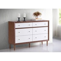 Baxton Furniture Studios Harlow Mid-Century Wood 6 Drawer Storage Dresser, Medium, White And Walnut