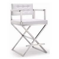 Tov Furniture The Director Collection Stainless Steel Metal Leather Upholstered Industrial Modern Counter Stool With Back & Arms, White
