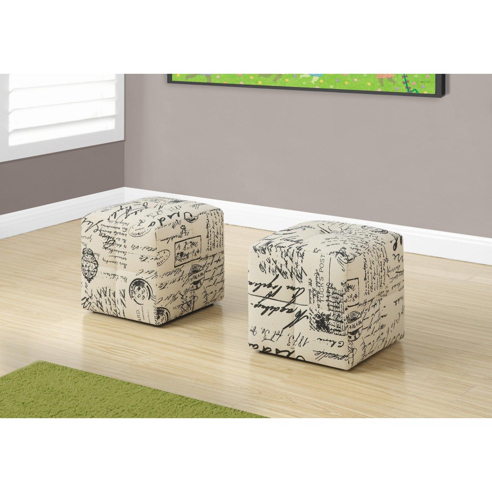 Monarch Specialties I 8162 Childrens Cube-Shaped Biscuit-Tufted Pouf - Set Of 2 - Upholstered Kids Ottoman, 12 H, Vintage French Fabric