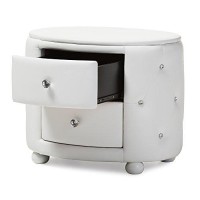 Baxton Studio Davina Hollywood Glamour Style Oval 2-Drawer Faux Leather Upholstered Nightstand, Medium, White