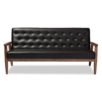 Baxton Studio Sorrento Mid-Century Retro Modern Faux Leather Upholstered Wooden 3-Seater Sofa, Black