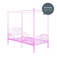Dhp Metal Canopy Kids Platform Bed With Four Poster Design, Scrollwork Headboard And Footboard, Underbed Storage Space, No Box Sring Needed, Twin, Pink