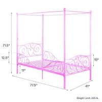 Dhp Metal Canopy Kids Platform Bed With Four Poster Design, Scrollwork Headboard And Footboard, Underbed Storage Space, No Box Sring Needed, Twin, Pink