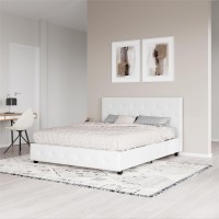 Dhp Dakota Upholstered Platform Bed With Diamond Button Tufted Headboard And Footboard, No Box Spring Needed, Queen, White Faux Leather