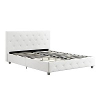 Dhp Dakota Upholstered Platform Bed With Diamond Button Tufted Headboard And Footboard, No Box Spring Needed, Queen, White Faux Leather