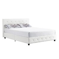 Dhp Dakota Upholstered Platform Bed With Diamond Button Tufted Headboard And Footboard, No Box Spring Needed, Queen, White Faux Leather