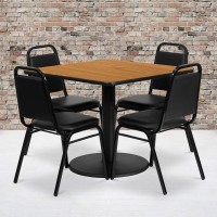 Flash Furniture 36 Square Natural Laminate Table Set With Round Base And 4 Black Trapezoidal Back Banquet Chairs