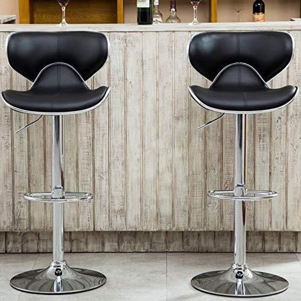 Roundhill Furniture Masaccio Cushioned Leatherette Upholstery Airlift Adjustable Swivel Barstool With Chrome Base, Set Of 2, Black