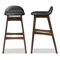 Baxton Studio 2 Piece Bloom Scandinavian Style Faux Leather Upholstered Walnut Barstool Set, 30, Black