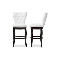 Baxton Studio Leonice Faux Leather Upholstered Button-Tufted Swivel Barstool, 29, White