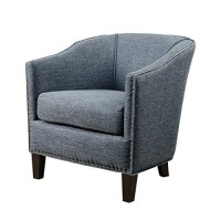 Madison Park Fremont Accent Chairs-Hardwood, Plywood, Faux Linen, Bedroom Lounge Mid Century Modern Deep Seating, Club Style Barrel Armchair, Living Room Furniture, See Below, Slate Blue