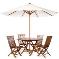 All Things Cedar Tt6P-O-W Teak Octagon Patio Table & Folding Chair Set With White Teak Market Table Umbrella 6-Piece