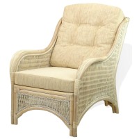 Jam Lounge Living Accent Armchair Natural Rattan Wicker Handmade Design With Cream Cushion, White Wash