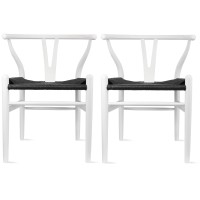 2Xhome Set Of 2 Wishbone Solid Wood Armchairs With Arms Open Y Back Farmhouse Dining Office Chairs With Woven Black Seat (White)