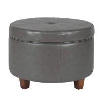 Homepop Round Leatherette Storage Ottoman With Lid, Charcoal Grey Large