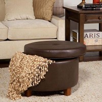 Homepop Round Leatherette Storage Ottoman With Lid, Chocolate Brown
