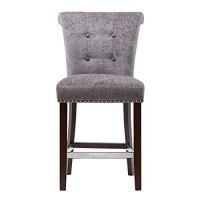 Madison Park Colfax Bar Stools - Solid Wood, Textured Fabric Kitchen Stool - Purple Grey, Modern Classic Style Bar Height Stools - 1 Piece Button Tufted, Silver Nail Head Bar Furniture For Home