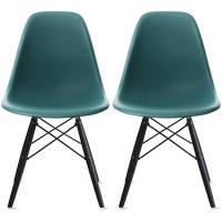 2Xhome Plastic Side Dining Chairs No Arms With Black Wooden Legs, Teal, Set Of 2