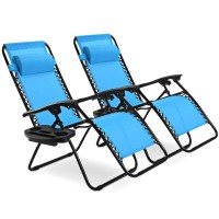 Goplus Zero Gravity Chair, Adjustable Folding Reclining Lounge Chair With Pillow And Cup Holder, Patio Lawn Recliner For Outdoor Pool Camp Yard (Set Of 2, Light Blue)