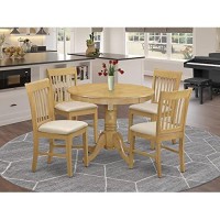 East West Furniture Anno5-Oak-C 5 Pieces Set ?4 Room Chairs With Linen Fabric Seat And Slatted Back-Round Top And Pedestal Legs Dining Table (Oak Finish)