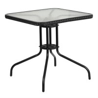 Flash Furniture Barker 28'' Square Tempered Glass Metal Table With Black Rattan Edging