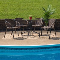Flash Furniture Lila 28'' Round Glass Metal Table With Dark Brown Rattan Edging And 4 Dark Brown Rattan Stack Chairs