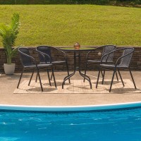 Flash Furniture Lila 28'' Round Glass Metal Table With Black Rattan Edging And 4 Black Rattan Stack Chairs