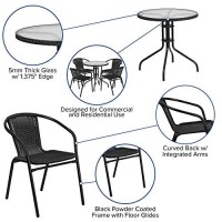 Flash Furniture Lila 28'' Round Glass Metal Table With Black Rattan Edging And 4 Black Rattan Stack Chairs