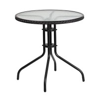 Flash Furniture Lila 28'' Round Glass Metal Table With Black Rattan Edging And 4 Black Rattan Stack Chairs