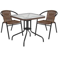 Flash Furniture 28 Square Glass Metal Table With Dark Brown Rattan Edging And 2 Dark Brown Rattan Stack Chairs