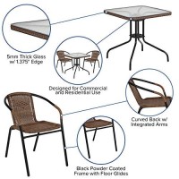 Flash Furniture 28 Square Glass Metal Table With Dark Brown Rattan Edging And 2 Dark Brown Rattan Stack Chairs