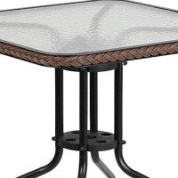 Flash Furniture 28 Square Glass Metal Table With Dark Brown Rattan Edging And 2 Dark Brown Rattan Stack Chairs