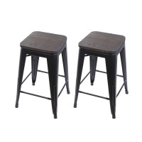 Gia Black 24 Metal Stool With Wooden Seat(Set Of 2) - Counter Height Square Backless - Tolix Style - Weight Capacity Of 300+ Pounds - Ready To Use - Extra Durable And Stackable
