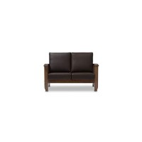 Baxton Studio Charlotte Modern Classic Mission Style Walnut Brown Wood And Dark Brown Faux Leather 2-Seater Loveseat