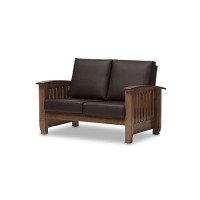 Baxton Studio Charlotte Modern Classic Mission Style Walnut Brown Wood And Dark Brown Faux Leather 2-Seater Loveseat