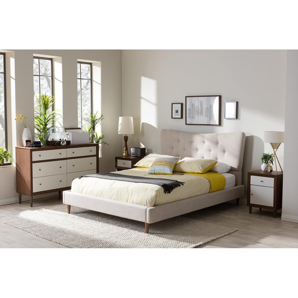 Baxton Studio Hannah Mid-Century Modern Beige Linen King Size Platform Bed