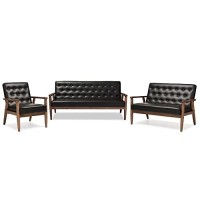 Baxton Studio Sorrento 3 Piece Faux Leather Tufted Sofa Set In Black
