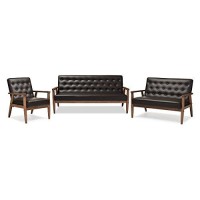 Baxton Studio Sorrento 3 Piece Faux Leather Tufted Sofa Set In Black