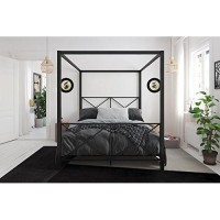 Dhp Rosedale Metal Canopy Bed Frame With Four Poster Design And Geometric Accented Headboard And Footboard, Underbed Storage Space, Queen, Black
