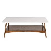 Madison Park Parker Coffee Tables-Solid Wood, Two-Tone Finish With Lower Storage Shelf Modern Mid-Century Accent Living Room Furniture, Medium, Off-White/Pecan