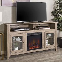 Walker Edison Glenwood Rustic Farmhouse Glass Door Highboy Fireplace Tv Stand For Tvs Up To 65 Inches, 58 Inch, Driftwood