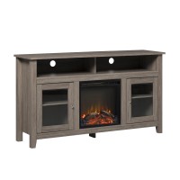 Walker Edison Glenwood Rustic Farmhouse Glass Door Highboy Fireplace Tv Stand For Tvs Up To 65 Inches, 58 Inch, Driftwood